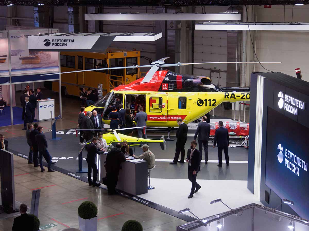 February 9, 2022, Moscow, Russia: Russian light multipurpose helicopter ''Ansat'' in a medical version seen displayed at the 9th National Aviation Infrastructure Show (NAIS)..NAIS Forum & show is the industry event in Russia and CIS for professionals of travel routes and civil aviation infrastructure: airports, airfields, helicopter centres, airlines and other air carriers. (Credit Image: © Alexander Sayganov/SOPA Images via ZUMA Press Wire)